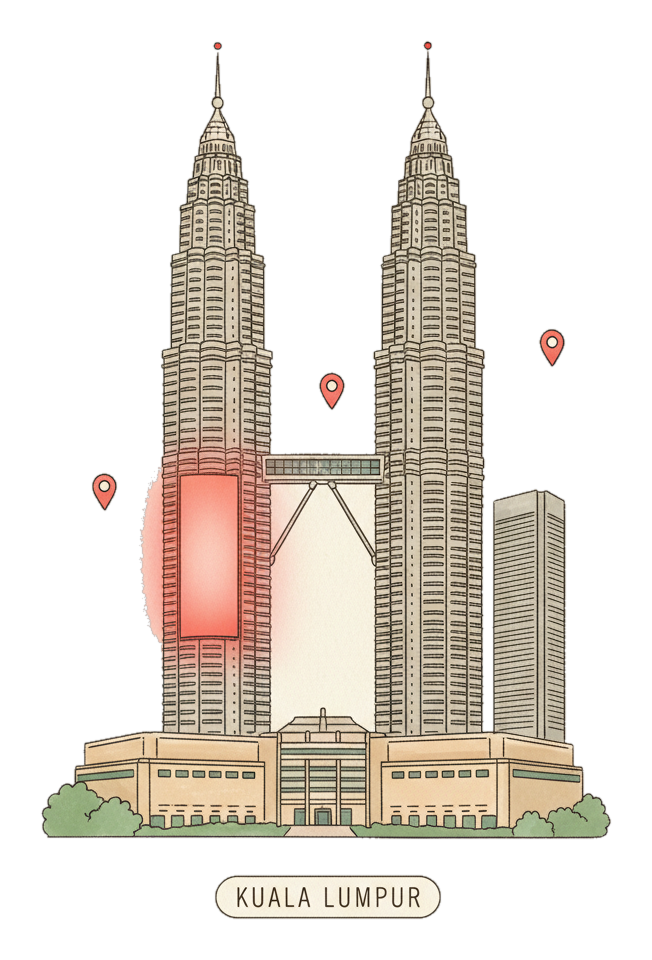 Illustrated Kuala Lumpur landmark with glowing coral Blindspot DOOH advertising screens