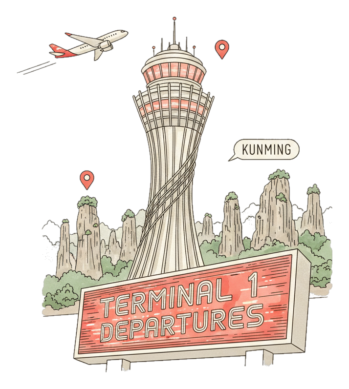 Illustrated Kunming Airport landmark with glowing coral Blindspot DOOH advertising screens