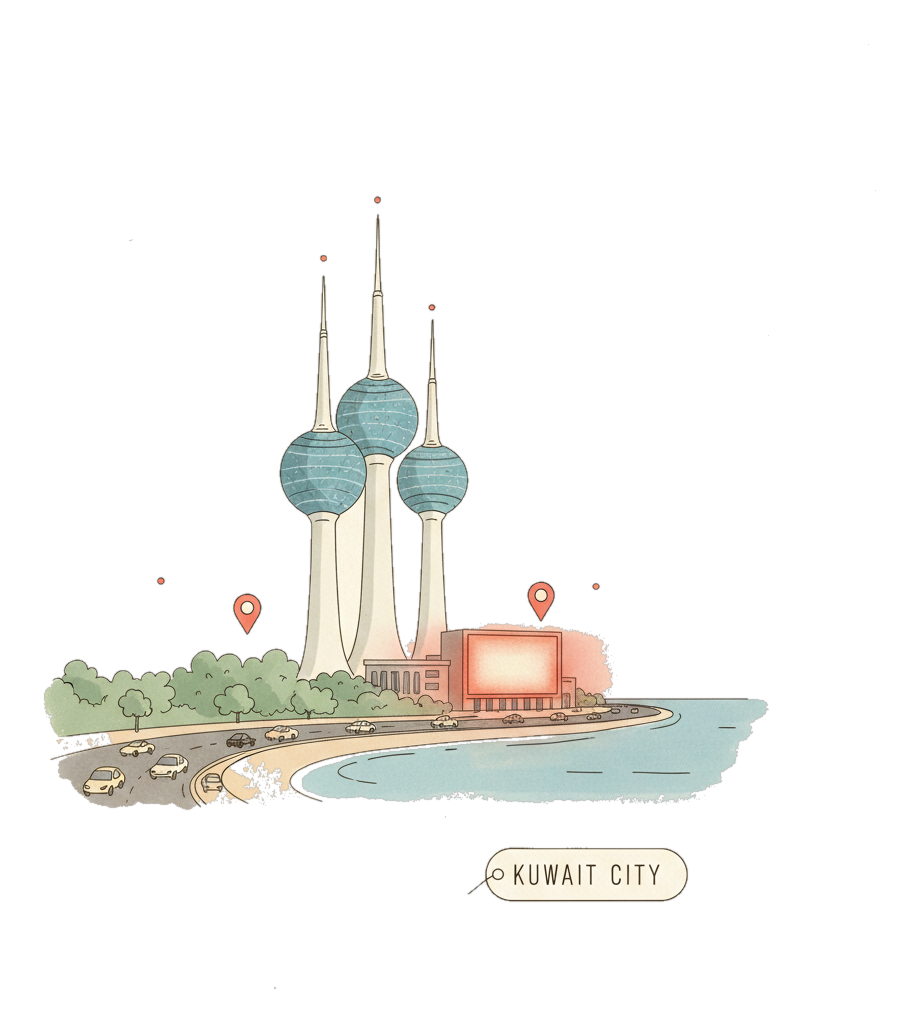 Illustrated Kuwait City landmark with glowing coral Blindspot DOOH advertising screens