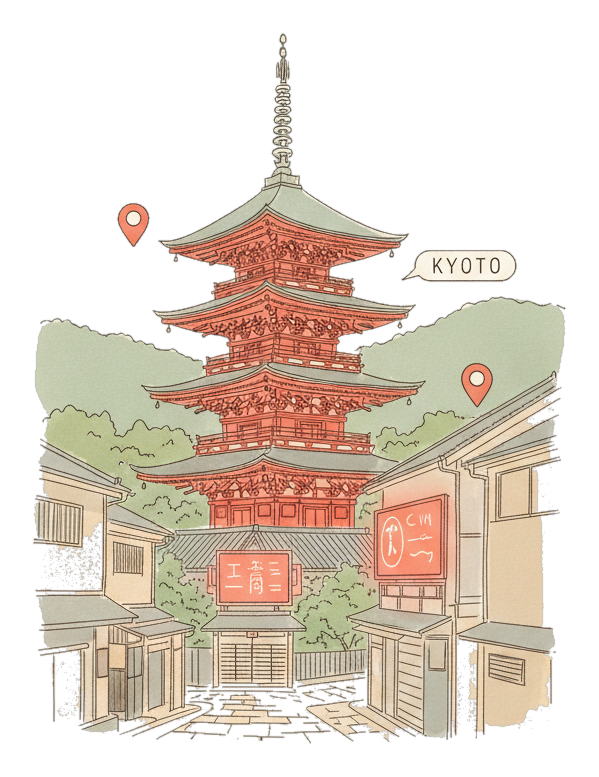 Illustrated Kyoto landmark with glowing coral Blindspot DOOH advertising screens