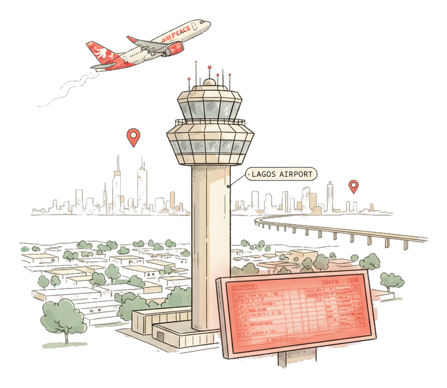 Illustrated Lagos Murtala Muhammed Airport landmark with glowing coral Blindspot DOOH advertising screens