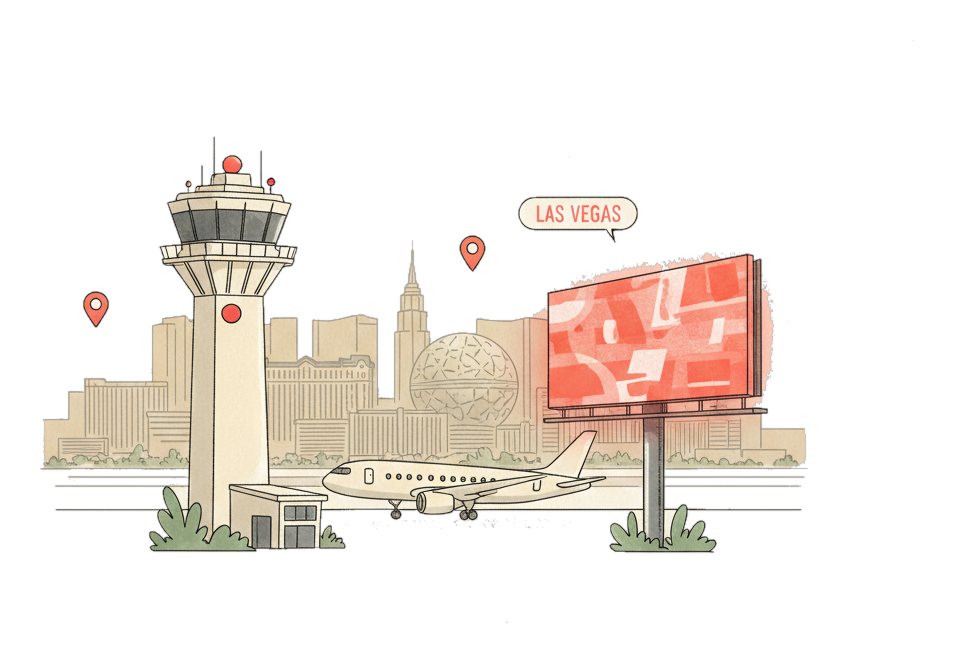 Illustrated Las Vegas Airport landmark with glowing coral Blindspot DOOH advertising screens