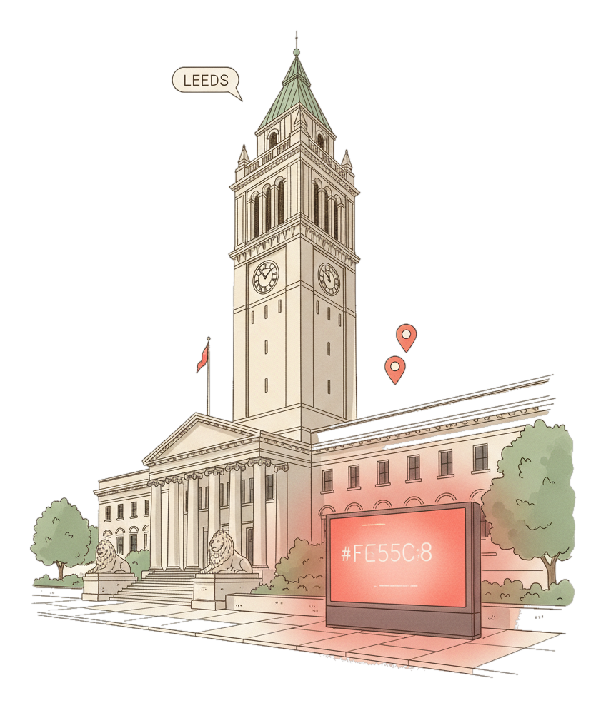 Illustrated Leeds landmark with glowing coral Blindspot DOOH advertising screens