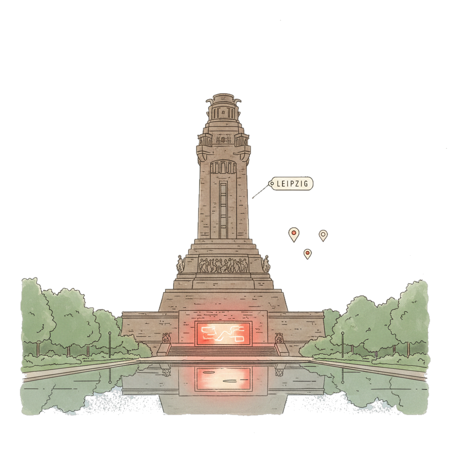 Illustrated Leipzig landmark with glowing coral Blindspot DOOH advertising screens