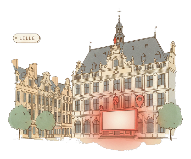 Illustrated Lille landmark with glowing coral Blindspot DOOH advertising screens