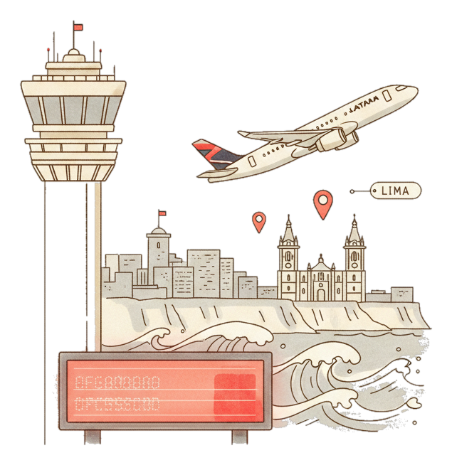 Illustrated Lima Jorge Chavez Airport landmark with glowing coral Blindspot DOOH advertising screens