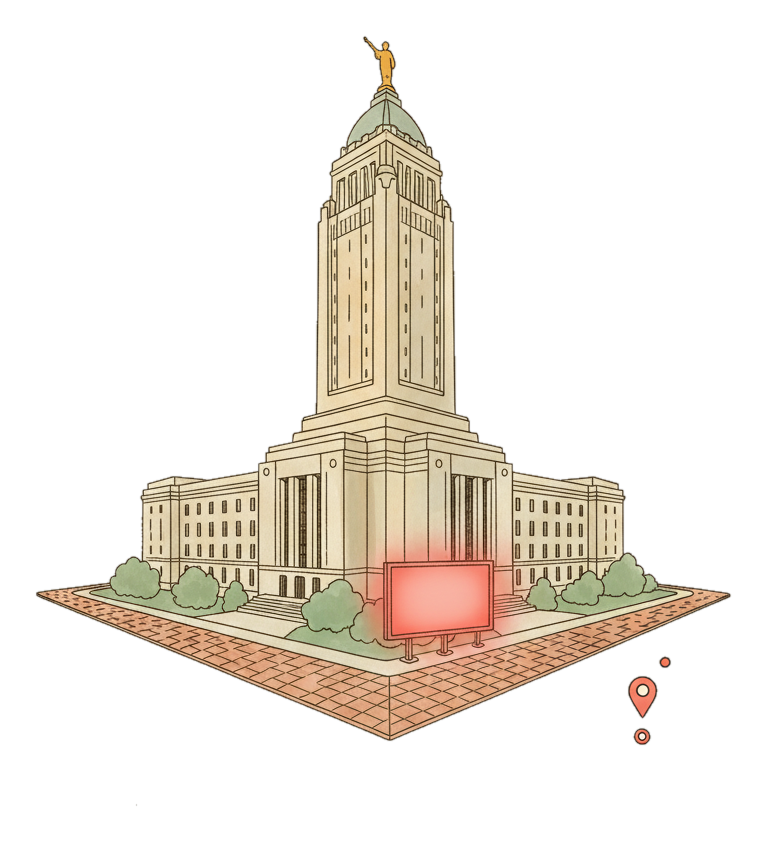 Illustrated Lincoln landmark with glowing coral Blindspot DOOH advertising screens