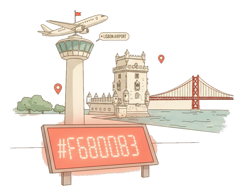 Illustrated Humberto Delgado Airport, Lisbon landmark with glowing coral Blindspot DOOH advertising screens