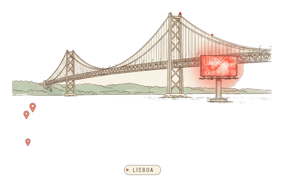 Illustrated Lisbon landmark with glowing coral Blindspot DOOH advertising screens