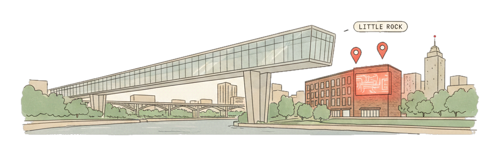 Illustrated Little Rock landmark with glowing coral Blindspot DOOH advertising screens