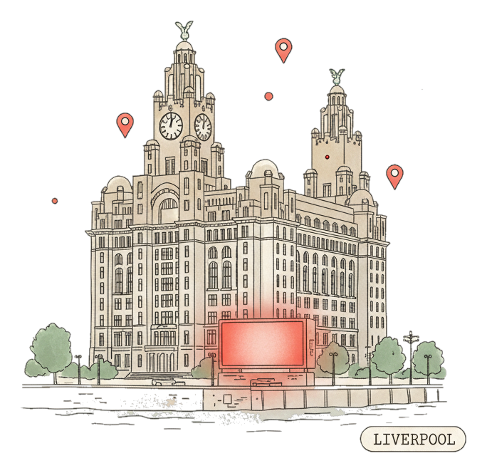 Illustrated Liverpool landmark with glowing coral Blindspot DOOH advertising screens