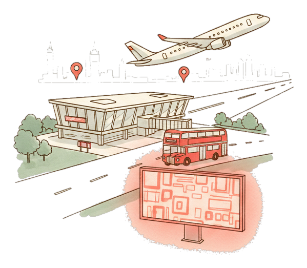 Illustrated Gatwick, London landmark with glowing coral Blindspot DOOH advertising screens