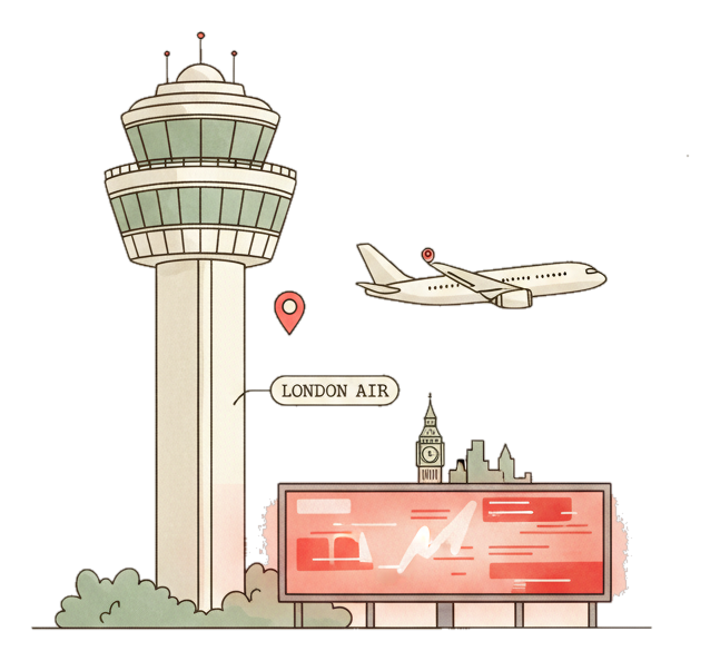Illustrated London Heathrow landmark with glowing coral Blindspot DOOH advertising screens