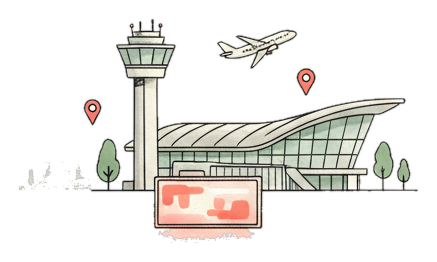 Illustrated London Stansted Airport landmark with glowing coral Blindspot DOOH advertising screens