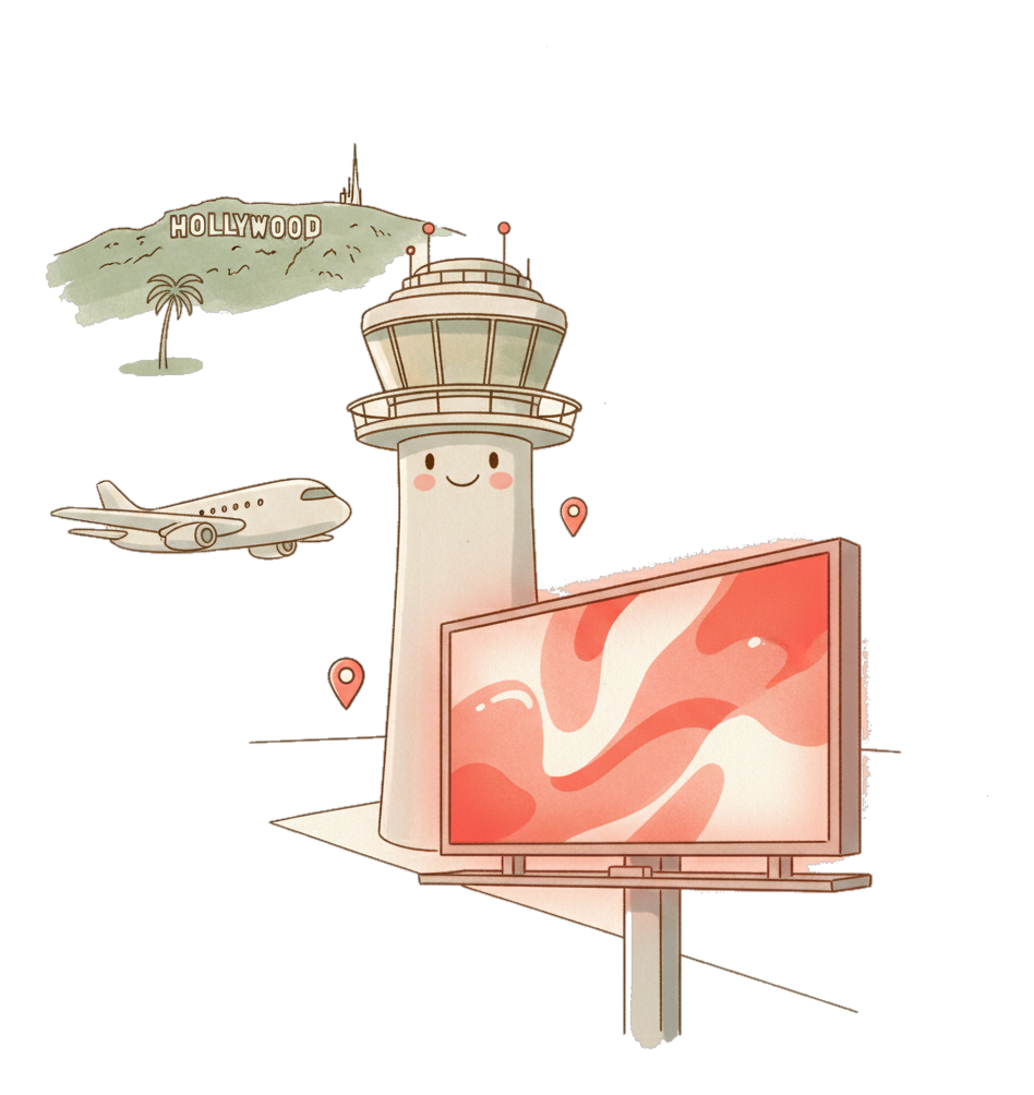 Illustrated Los Angeles Airport landmark with glowing coral Blindspot DOOH advertising screens