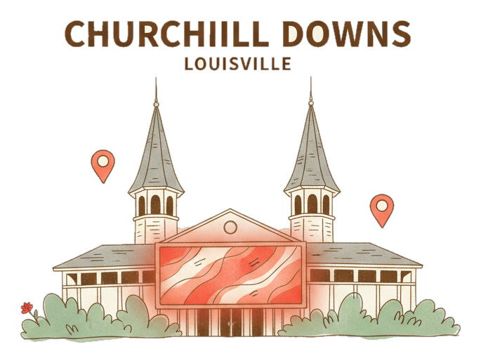 Illustrated Louisville landmark with glowing coral Blindspot DOOH advertising screens