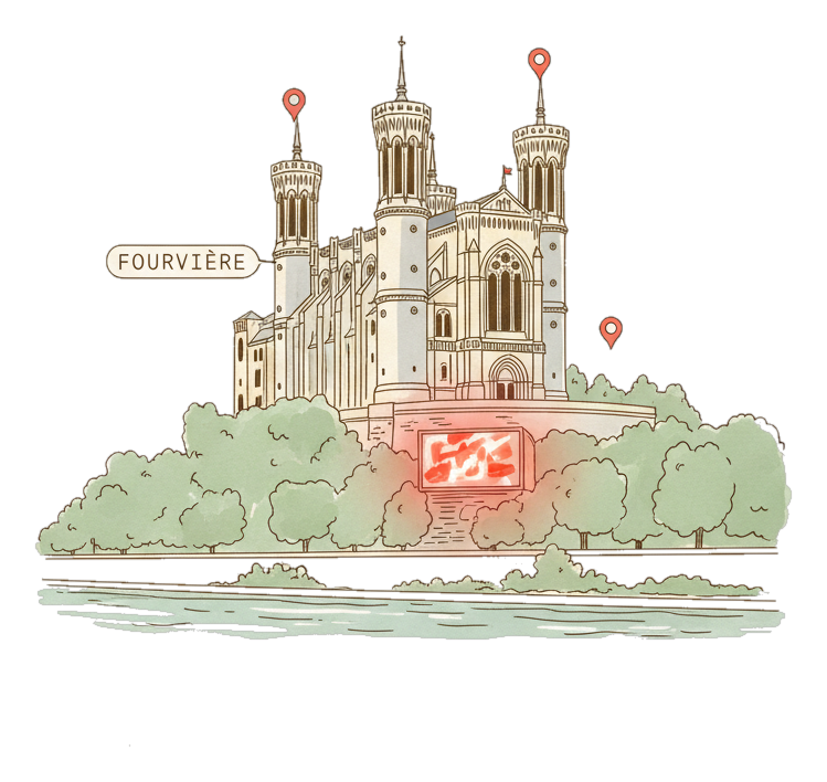 Illustrated Lyon landmark with glowing coral Blindspot DOOH advertising screens