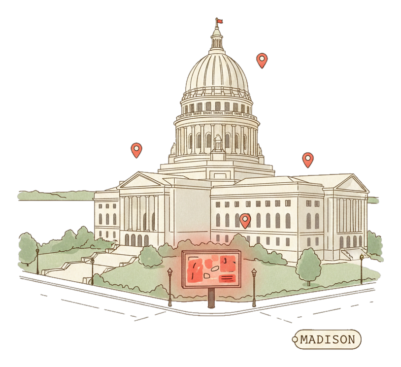 Illustrated Madison landmark with glowing coral Blindspot DOOH advertising screens