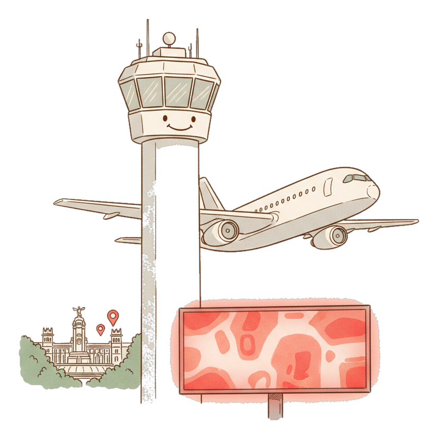 Illustrated Madrid-Barajas landmark with glowing coral Blindspot DOOH advertising screens