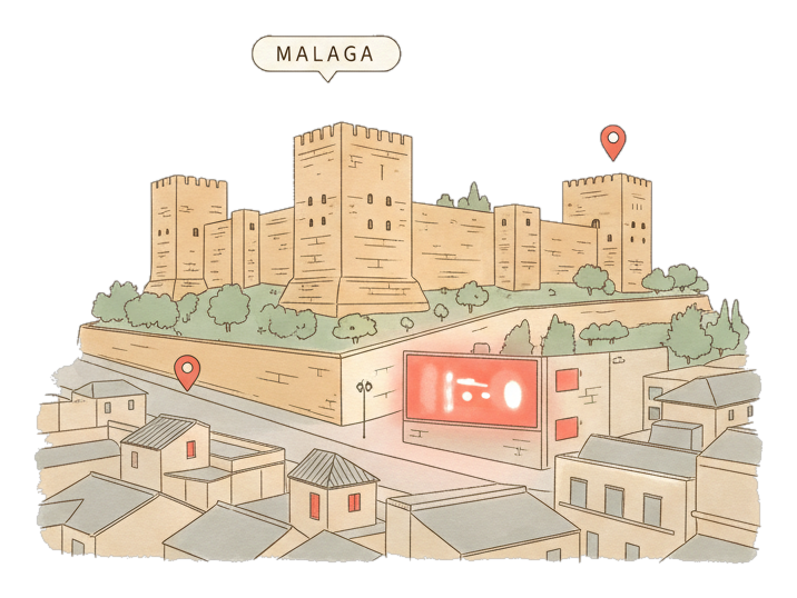 Illustrated Málaga landmark with glowing coral Blindspot DOOH advertising screens