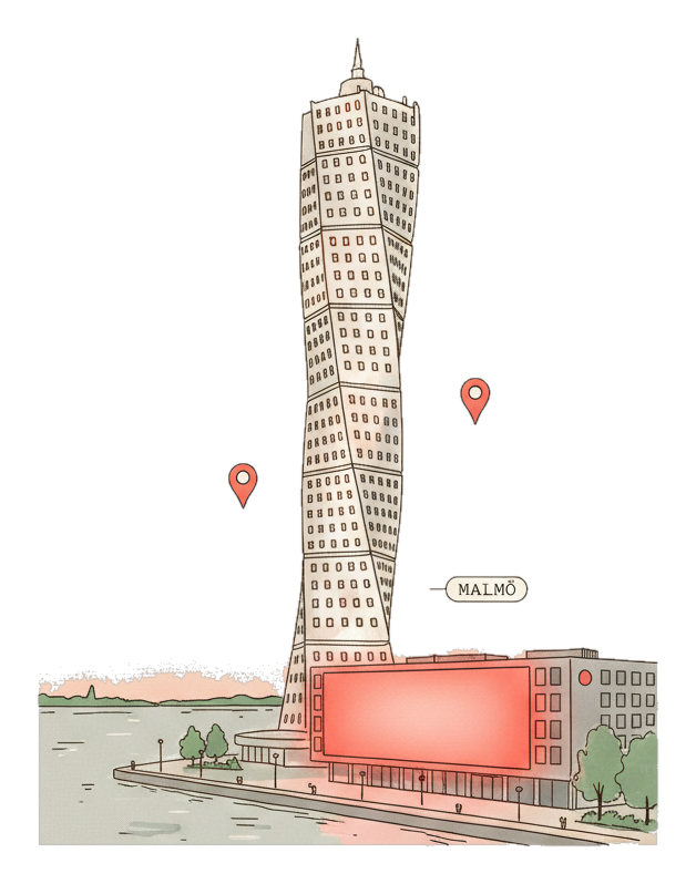 Illustrated Malmo landmark with glowing coral Blindspot DOOH advertising screens