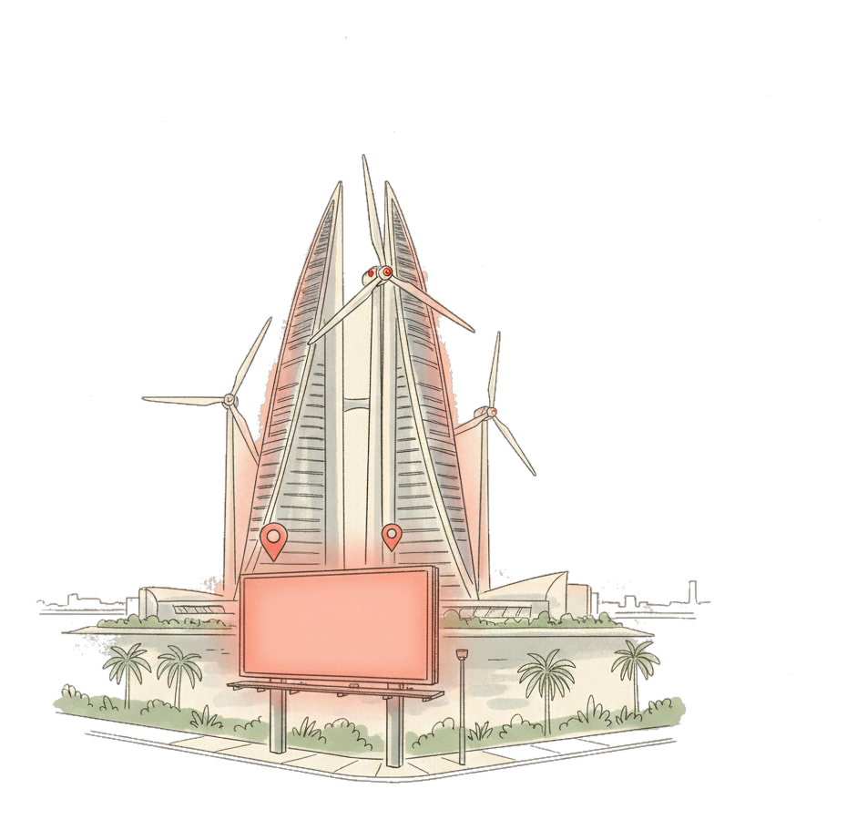 Illustrated Manama landmark with glowing coral Blindspot DOOH advertising screens