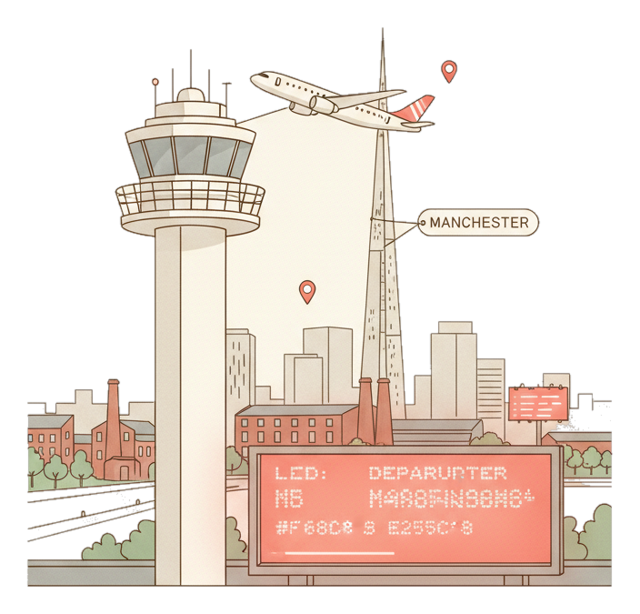 Illustrated Manchester Airport landmark with glowing coral Blindspot DOOH advertising screens
