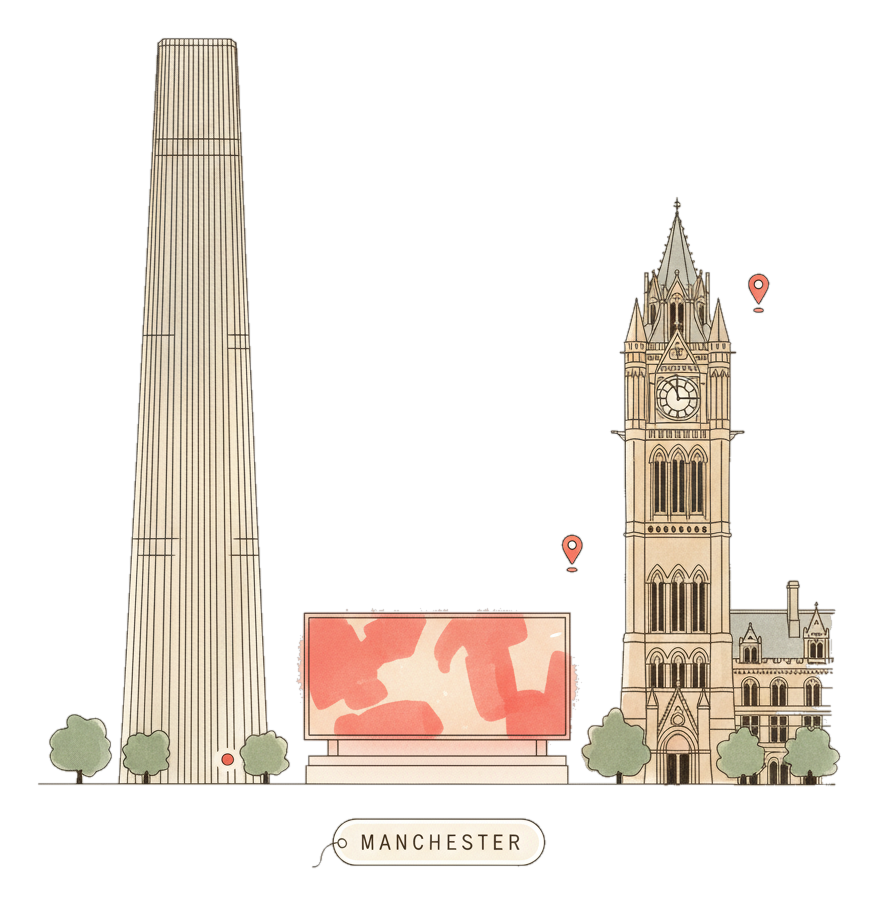 Illustrated Manchester landmark with glowing coral Blindspot DOOH advertising screens