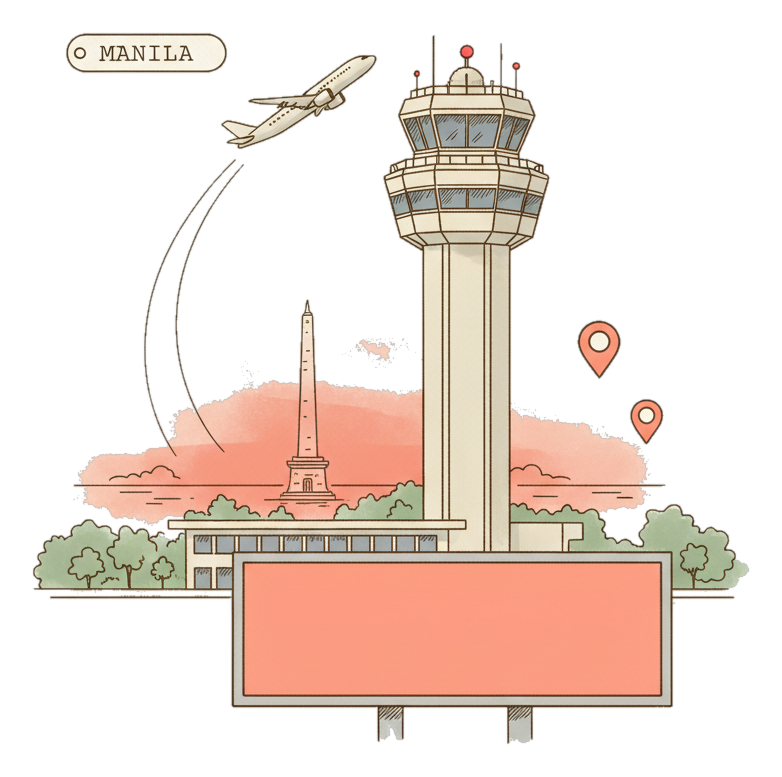 Illustrated Manila Airport landmark with glowing coral Blindspot DOOH advertising screens
