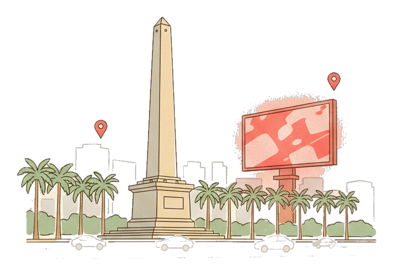 Illustrated Manila landmark with glowing coral Blindspot DOOH advertising screens