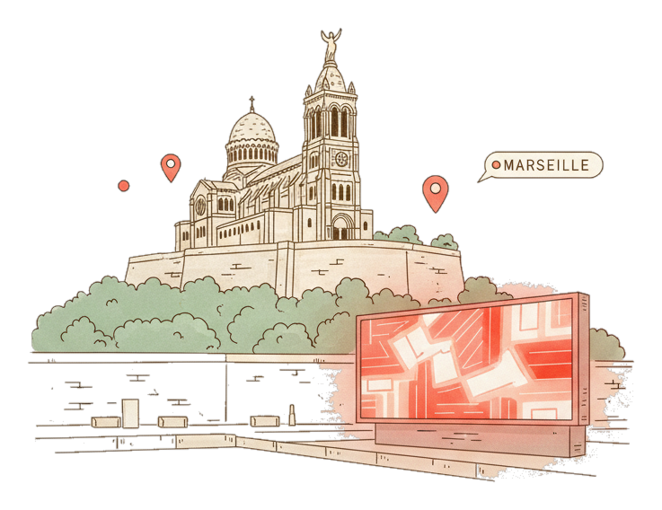 Illustrated Marseille landmark with glowing coral Blindspot DOOH advertising screens
