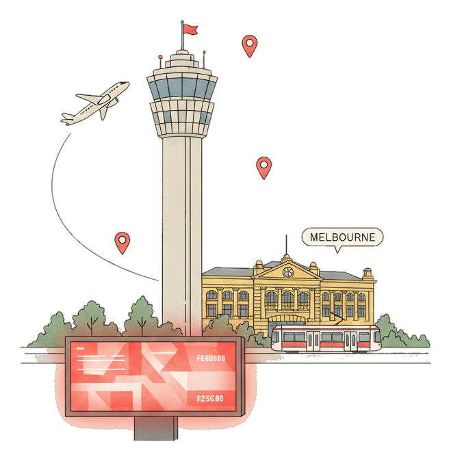Illustrated Melbourne Airport (Tullamarine) landmark with glowing coral Blindspot DOOH advertising screens