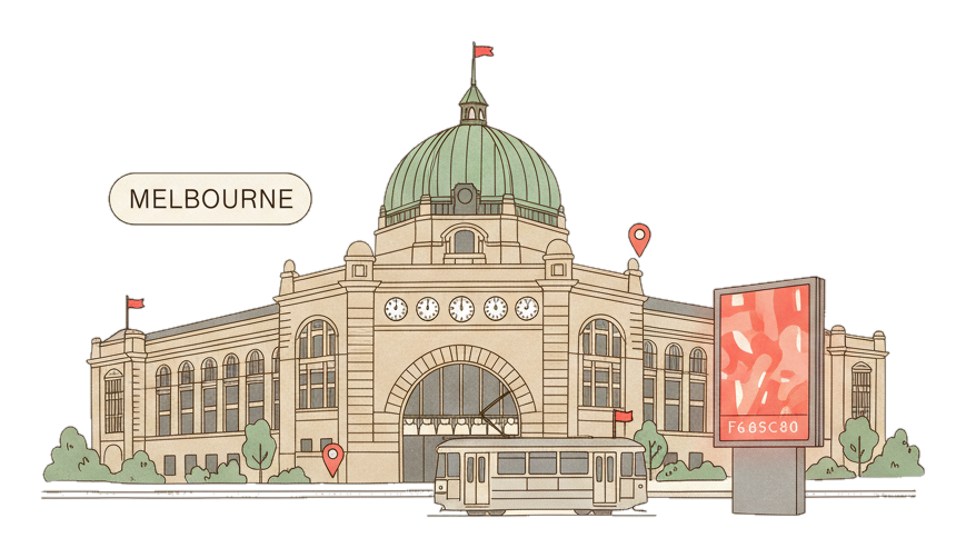 Illustrated Melbourne landmark with glowing coral Blindspot DOOH advertising screens