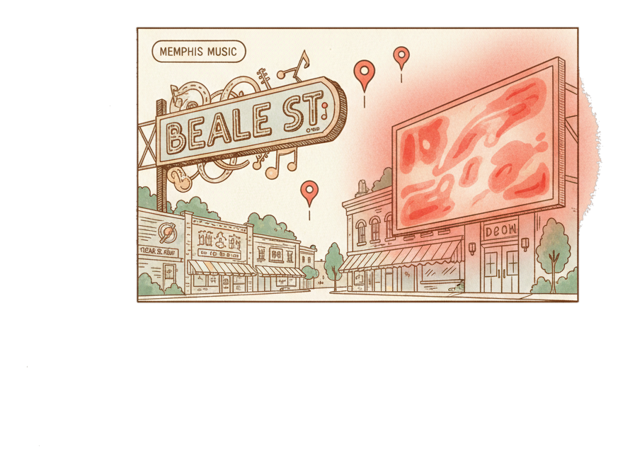 Illustrated Memphis landmark with glowing coral Blindspot DOOH advertising screens
