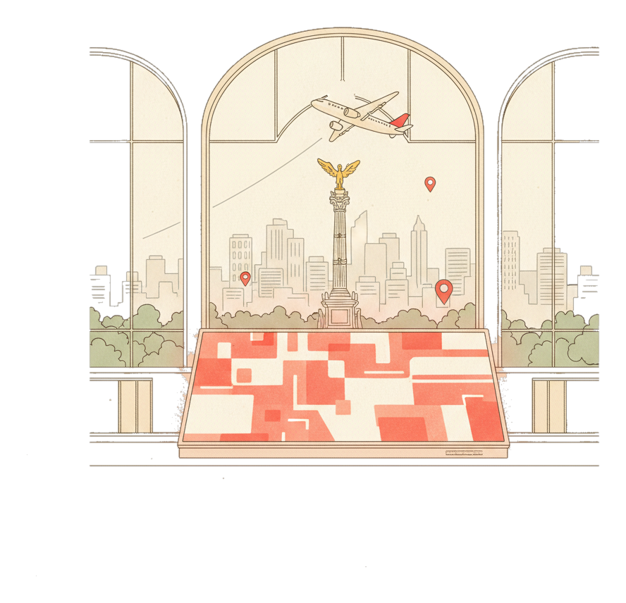 Illustrated Mexico City International (Benito Juarez) landmark with glowing coral Blindspot DOOH advertising screens