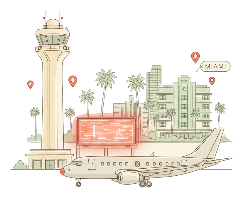 Illustrated Miami Airport landmark with glowing coral Blindspot DOOH advertising screens
