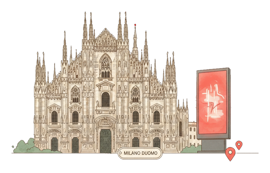 Illustrated Milan landmark with glowing coral Blindspot DOOH advertising screens