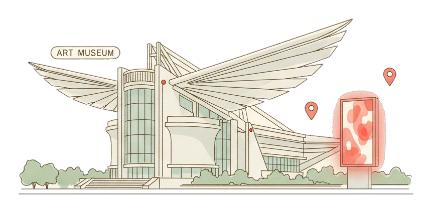 Illustrated Milwaukee landmark with glowing coral Blindspot DOOH advertising screens