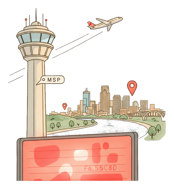 Illustrated Minneapolis-Saint Paul International Airport landmark with glowing coral Blindspot DOOH advertising screens
