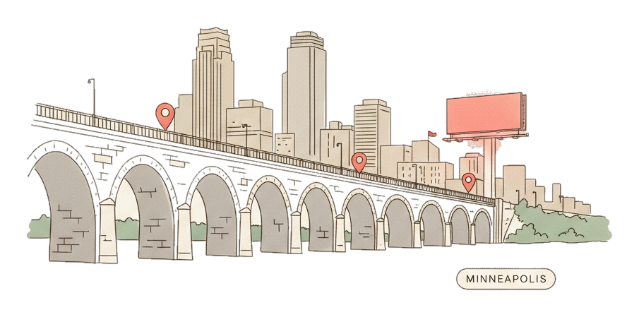 Illustrated Minneapolis landmark with glowing coral Blindspot DOOH advertising screens