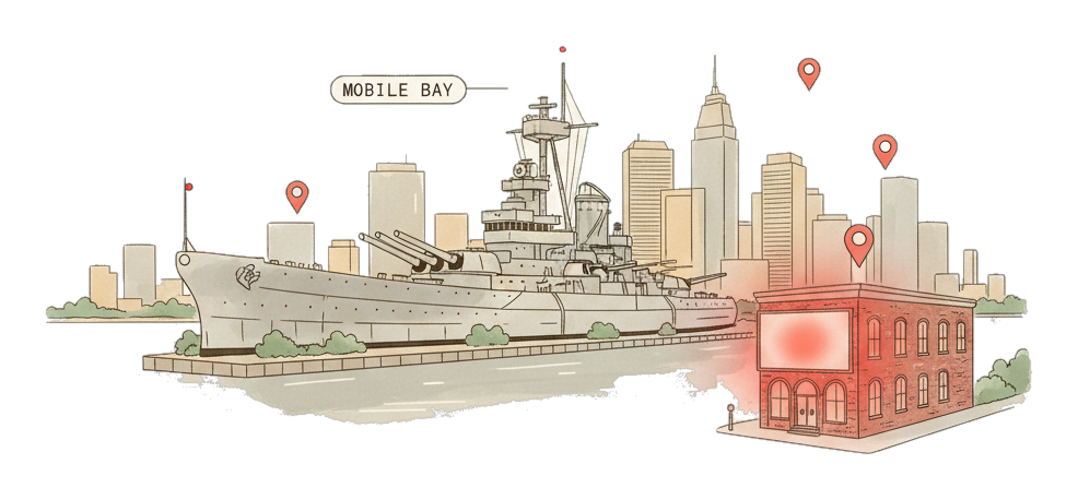 Illustrated Mobile landmark with glowing coral Blindspot DOOH advertising screens