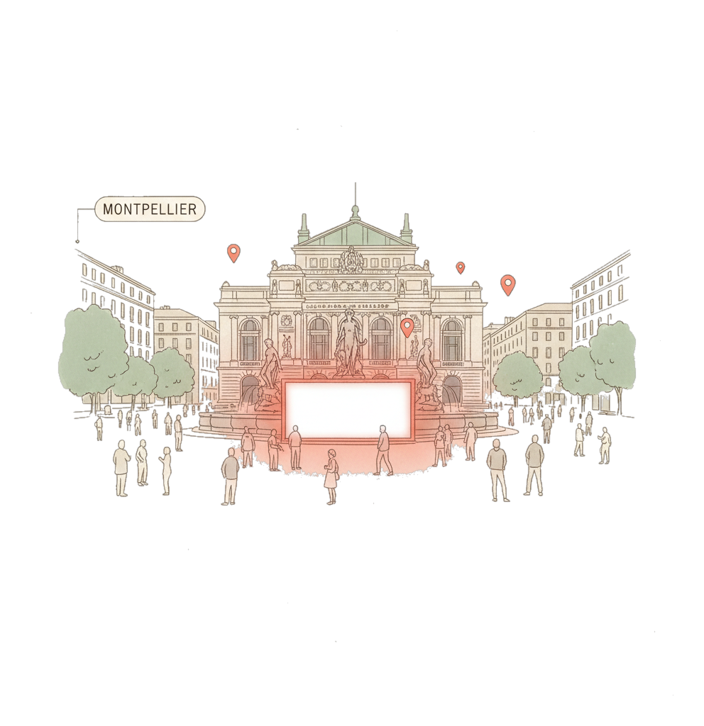 Illustrated Montpellier landmark with glowing coral Blindspot DOOH advertising screens