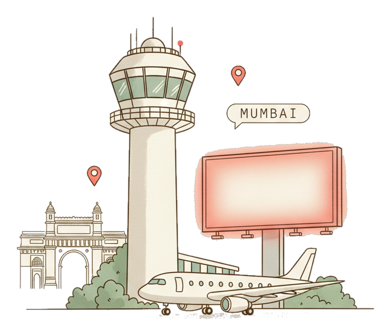 Illustrated Mumbai Airport landmark with glowing coral Blindspot DOOH advertising screens