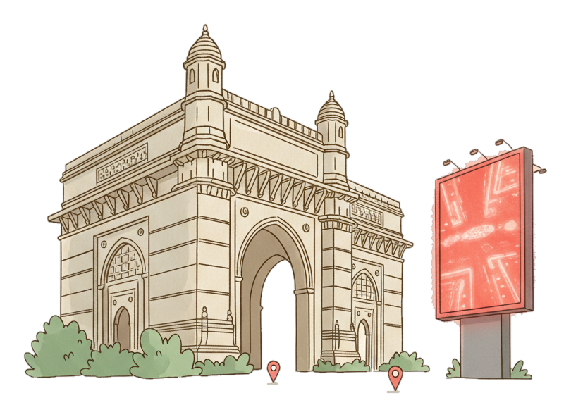 Illustrated Mumbai landmark with glowing coral Blindspot DOOH advertising screens