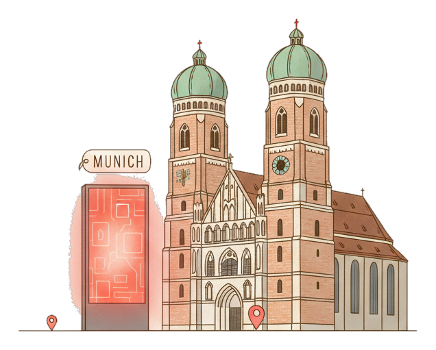Illustrated Munich landmark with glowing coral Blindspot DOOH advertising screens