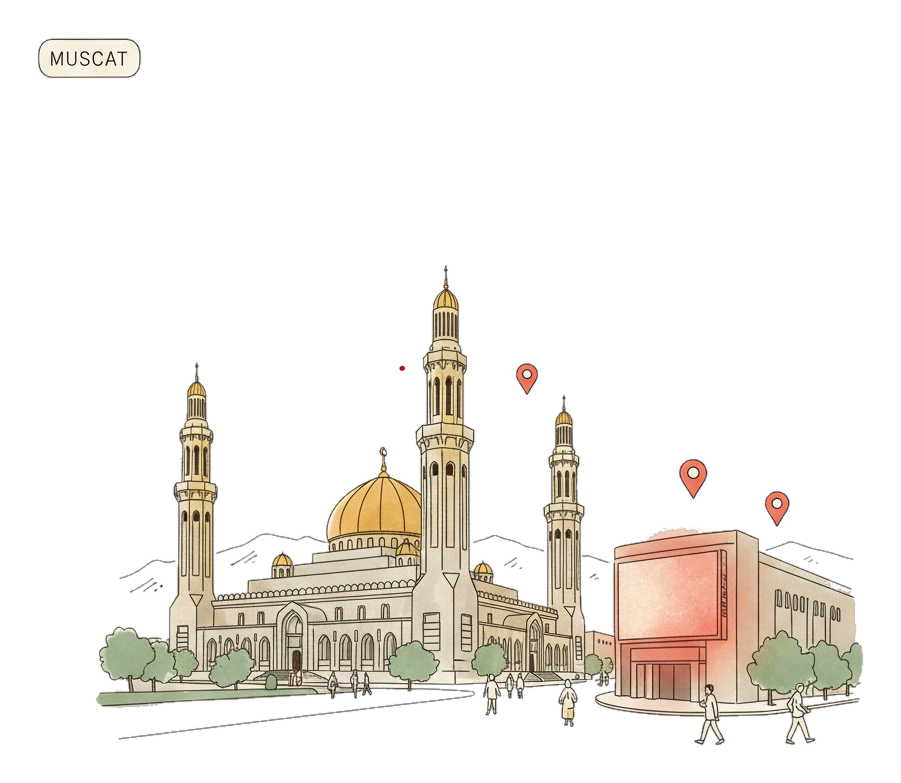 Illustrated Muscat landmark with glowing coral Blindspot DOOH advertising screens