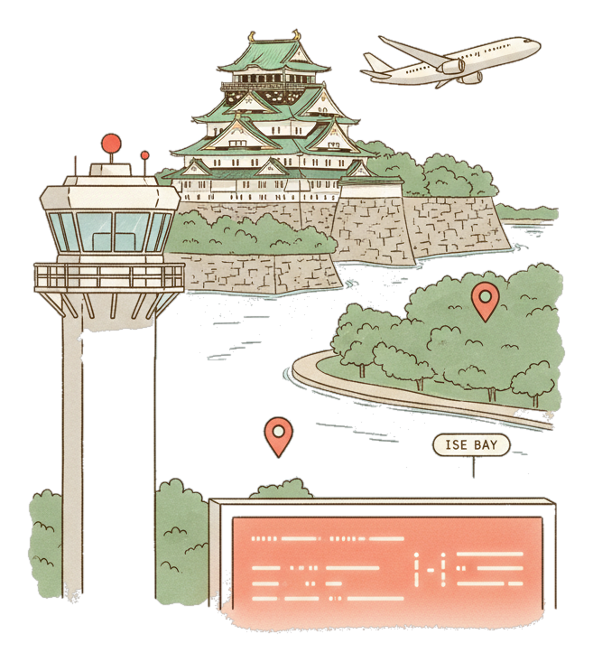 Illustrated Chubu Centrair International Airport landmark with glowing coral Blindspot DOOH advertising screens