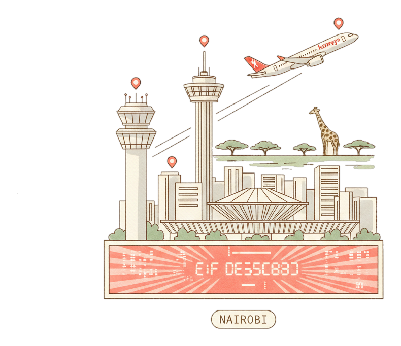 Illustrated Jomo Kenyatta International Airport landmark with glowing coral Blindspot DOOH advertising screens