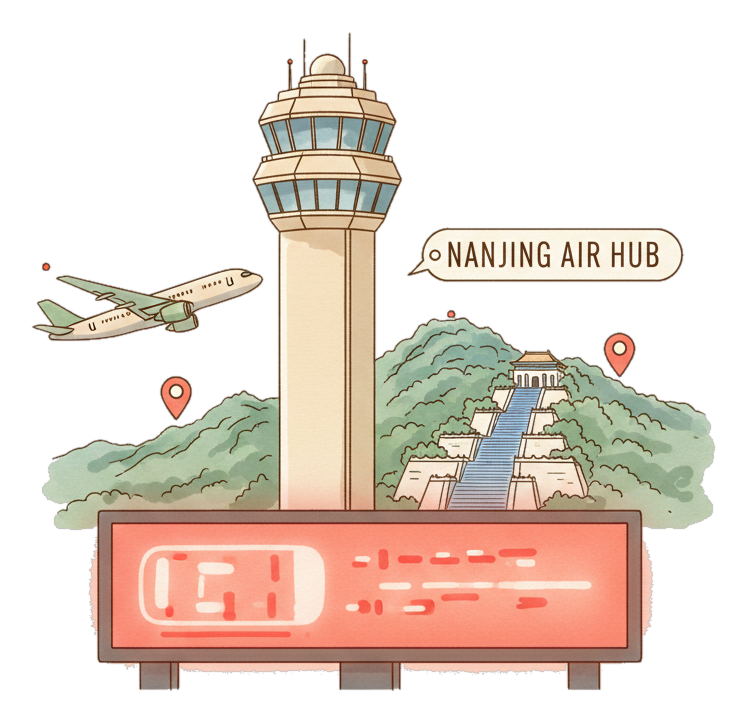 Illustrated Nanjing Lukou International Airport landmark with glowing coral Blindspot DOOH advertising screens