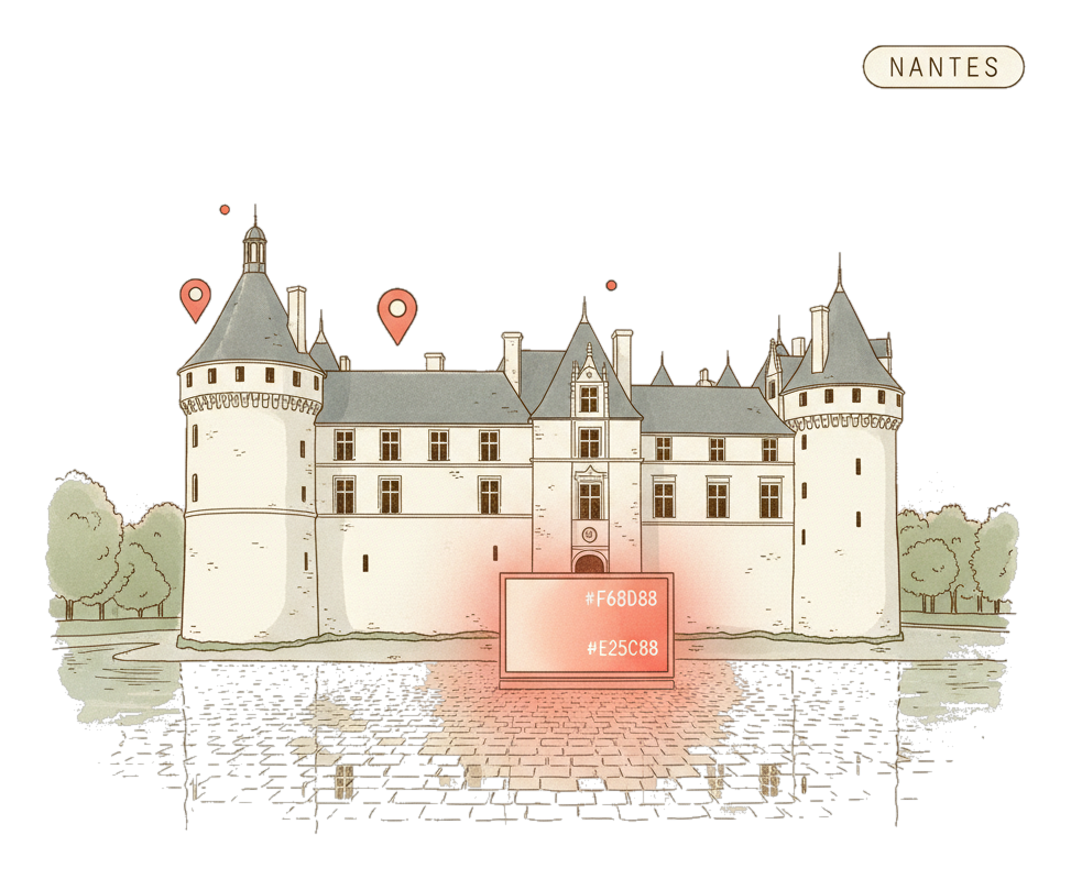 Illustrated Nantes landmark with glowing coral Blindspot DOOH advertising screens